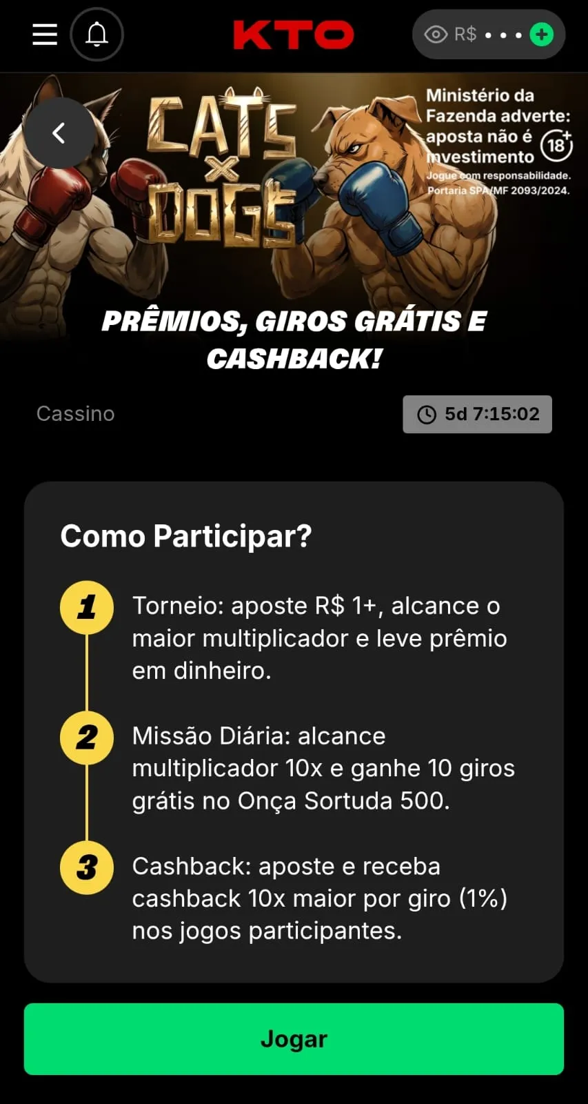 Banner promocional e regras da campanha Cats x Dogs com torneio, missão diária e cashback.