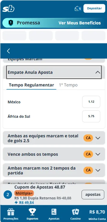 Mercado Empate Anula Aposta da Sportingbet para amistoso entre México e África do Sul
