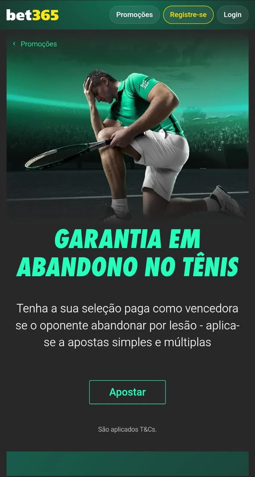 Oferta Garantia de Abandono no Tênis da Bet365 que paga a seleção se o adversário desistir.