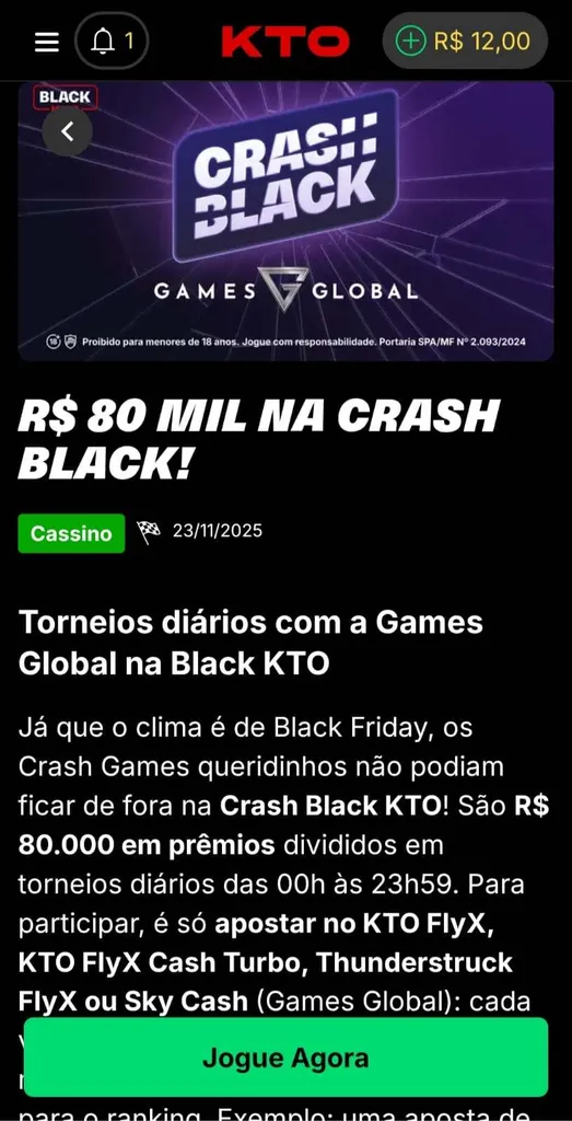Promoção Crash Black da KTO com R$ 80 mil em prêmios distribuídos em 14 torneios diários nos crash games.