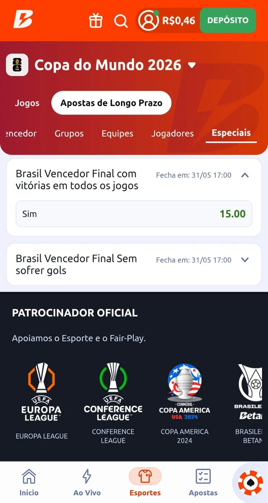 APostas na Copa 2026 na Betano com mercado para Brasil vencer com vitória em todos os jogos e sem sofrer gols.