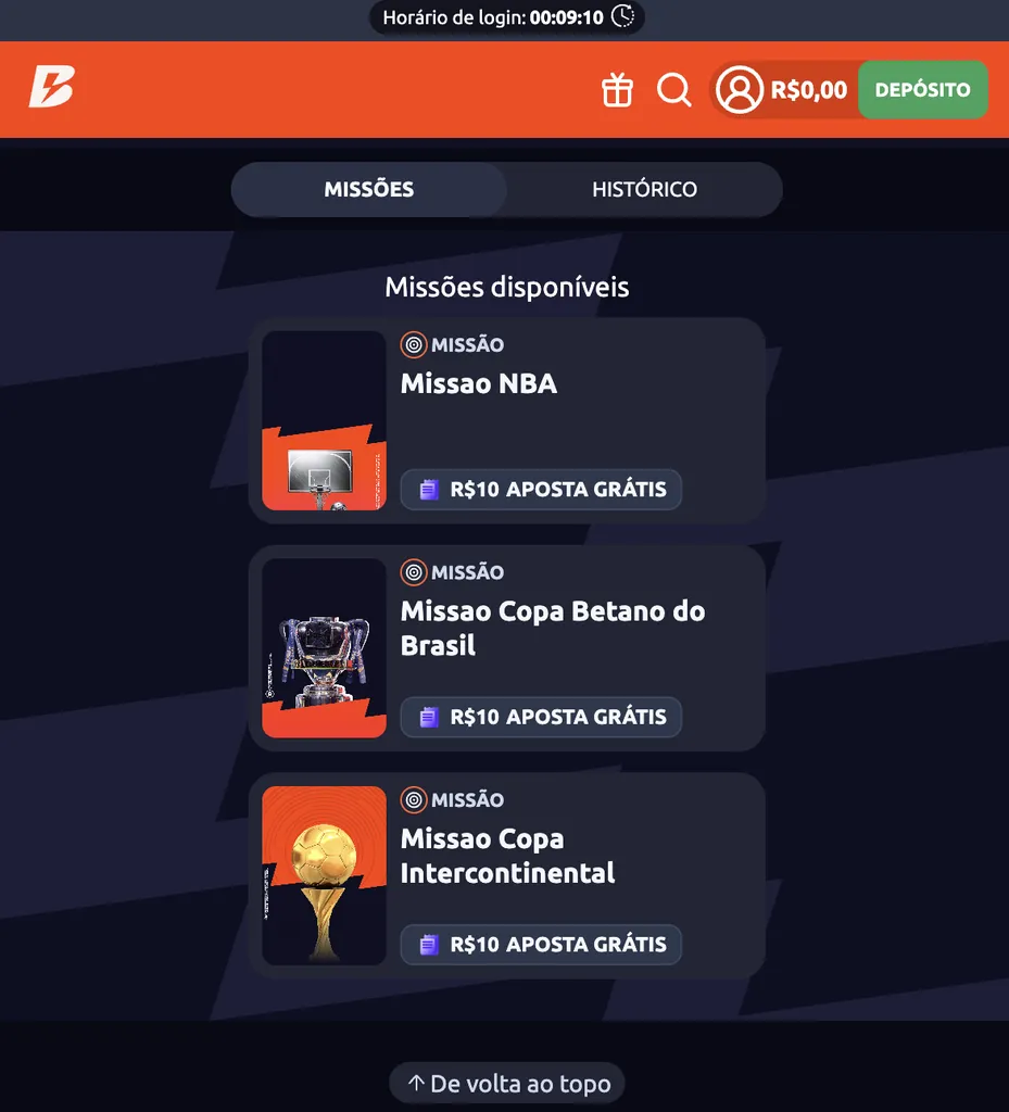 Seção de Missões Especiais da Betano para eventos específicos, com opção de apostas na NBA, Copa do Brasil e Copa Intercontinental.