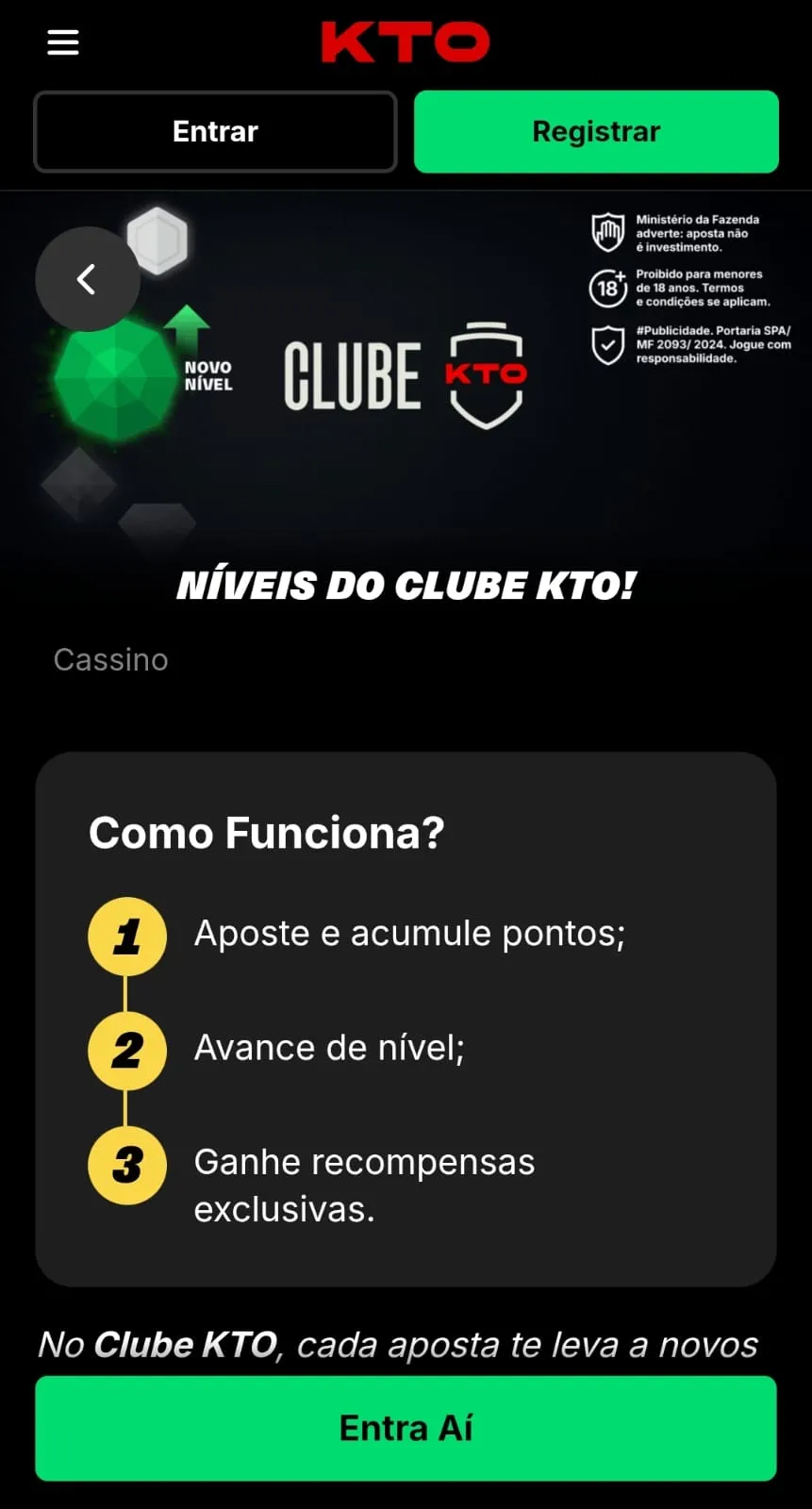 Print da página promocional do Clube KTO.
