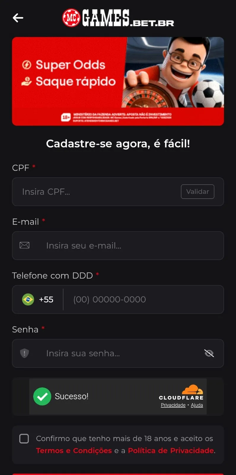 Formulário de cadastro na MC Games