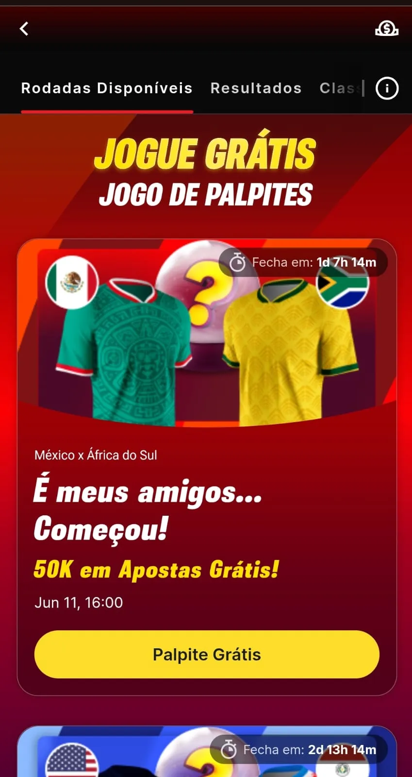 SuperHexa da Superbet, com o jogo México x África do Sul, com prêmio de R$ 50.000 em apostas grátis e imagem das camisas dos times.