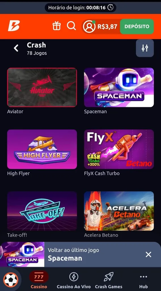 Crash games na Betano com Spaceman, Aviator, FlyX e mais.