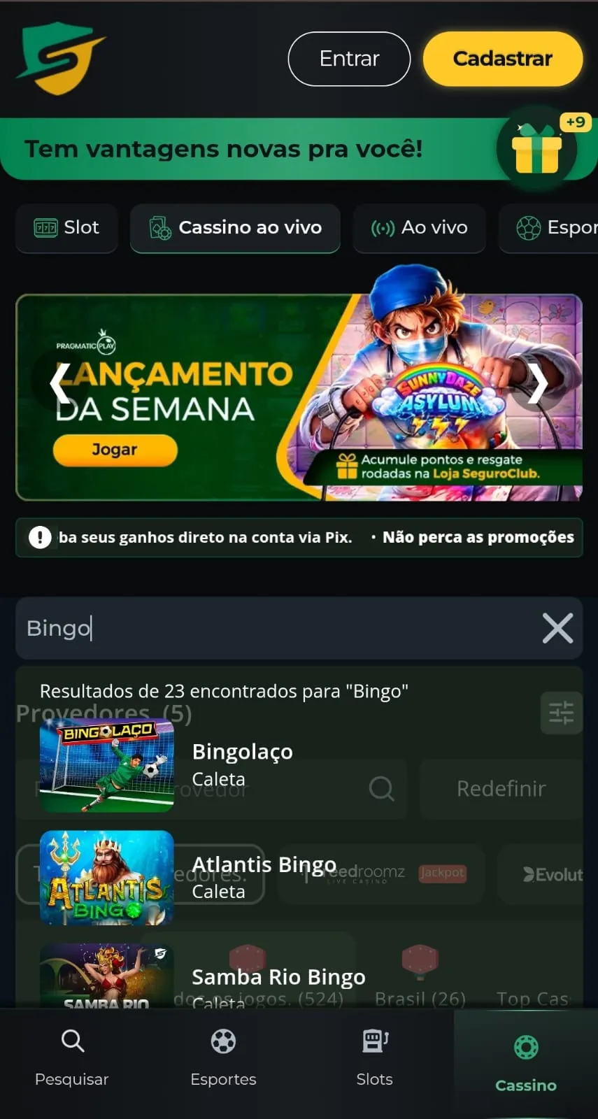 Opções de jogos da seção de bingo da Segurobet