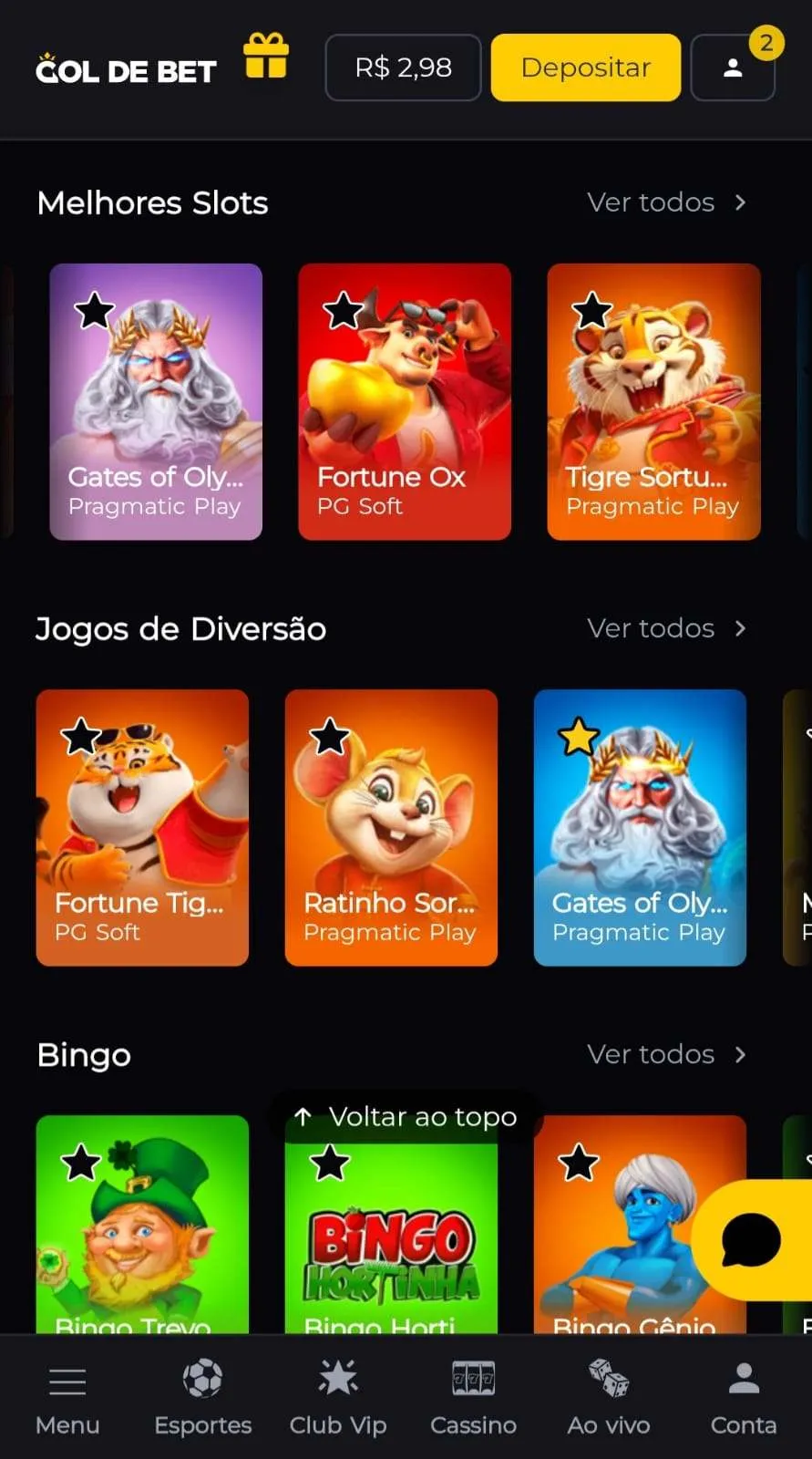 Gates of Olympus entre os melhores slots do cassino da Gol de Bet ao lado de Fortune OX e outros caça-níqueis.