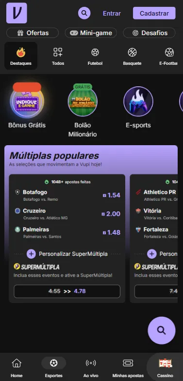 Plataforma nova Vupi com sugestões de múltiplas para o Brasileirão Série A