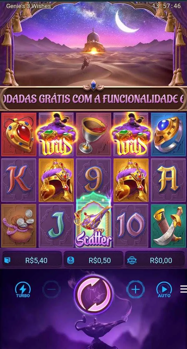 Jogo Genie’s 3 Wishes, com diferentes símbolos na grade 5x3 e paisagem de deserto árabe ao fundo