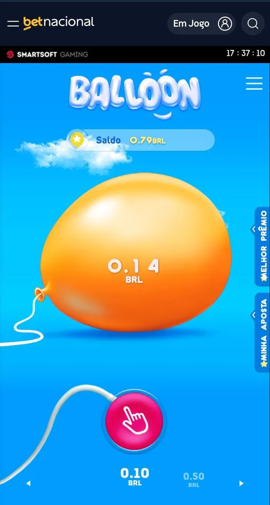 Rodada do jogo Balloon na Betnacional com aposta mínima de R$ 0,10 e multiplicador no R$ 0,14.