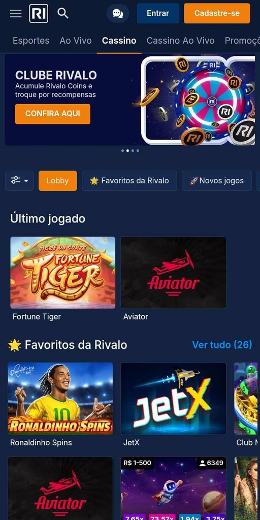 Jogos do cassino Rivalo com banner do Clube Rivalo que troca coins por recompensas