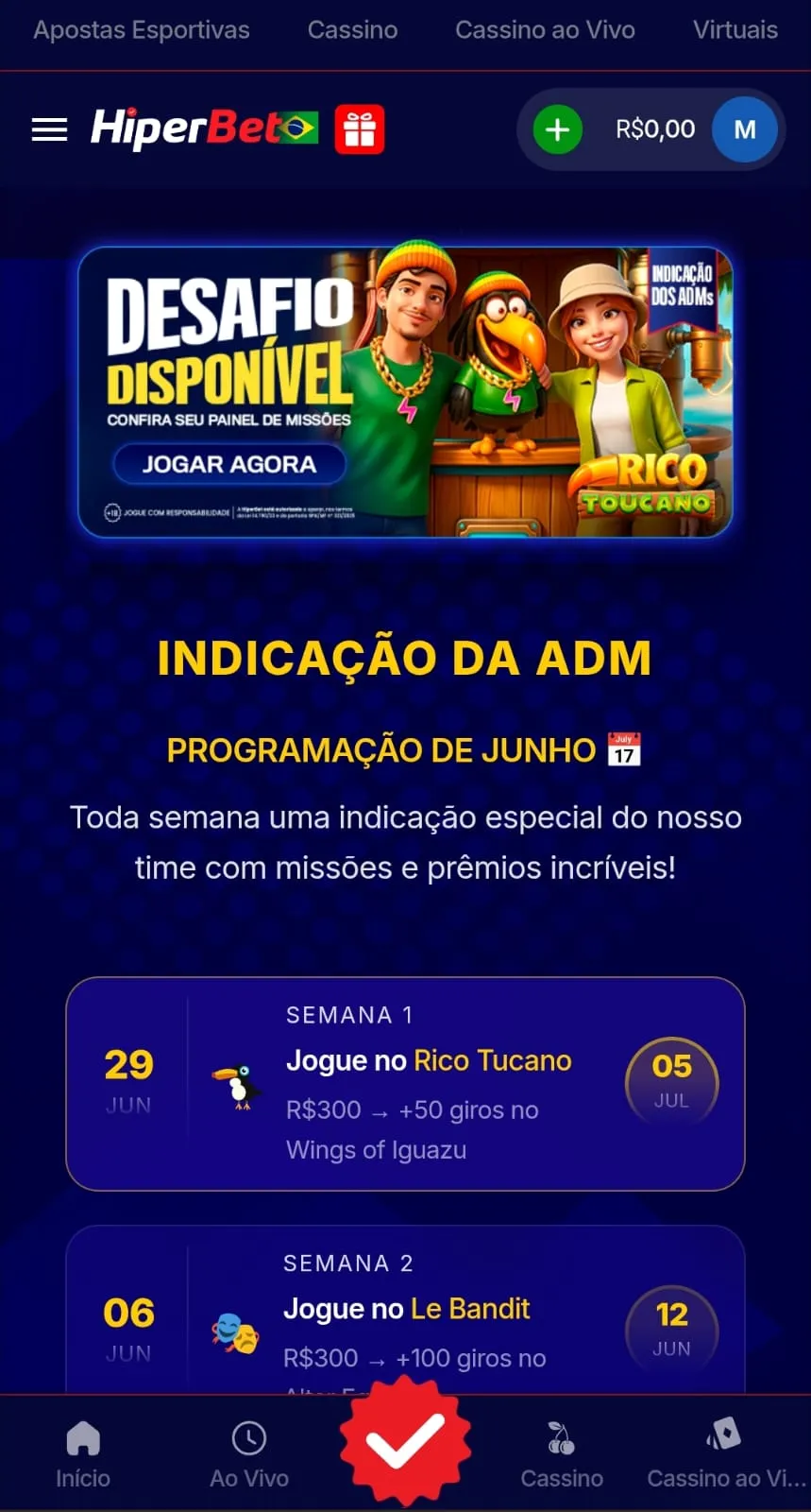 Programação semanal de indicações da HiperBet com recompensas e jogos destacados.