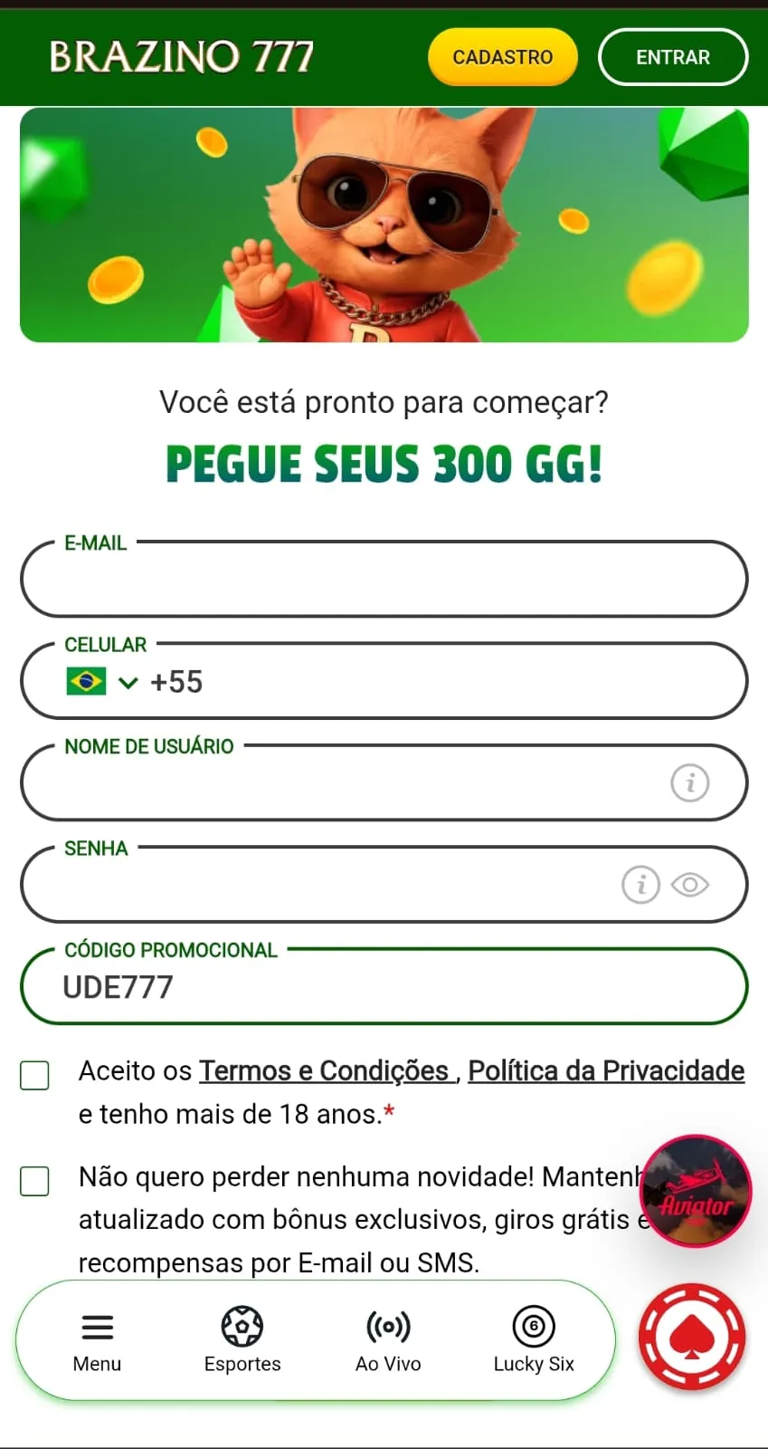  Campo de código promocional no formulário de cadastro da Brazino777
Data: 01/07/2026