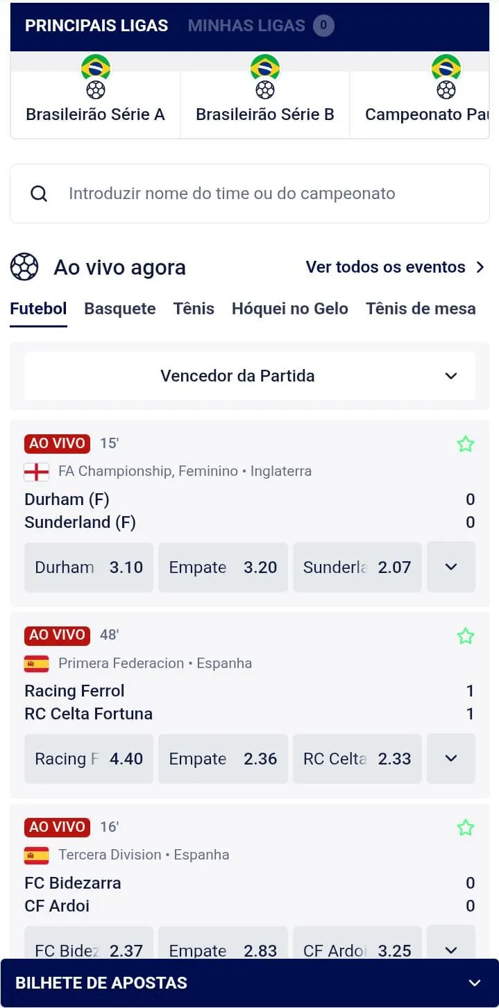Odds do mercados de vencedor da partida para jogos ao vivo de campeonatos da Inglaterra e da Espanha na Lottoland