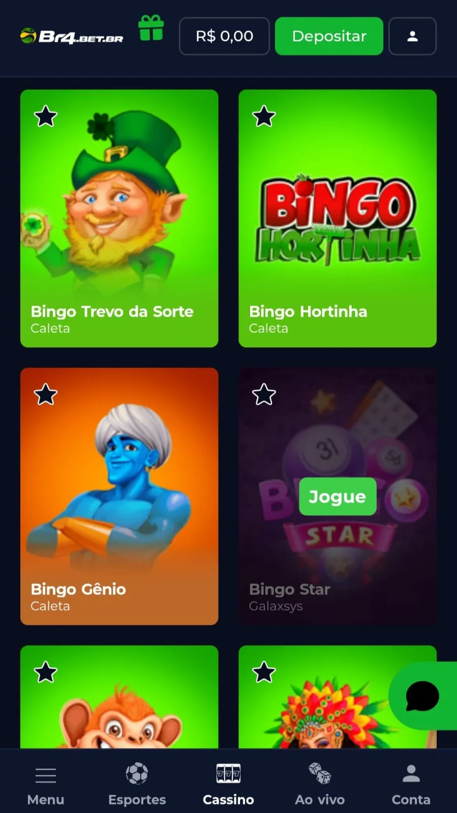 Jogos de video bingo online na Br4bet com títulos como Trevo da Sorte e Bingo Hortinha.