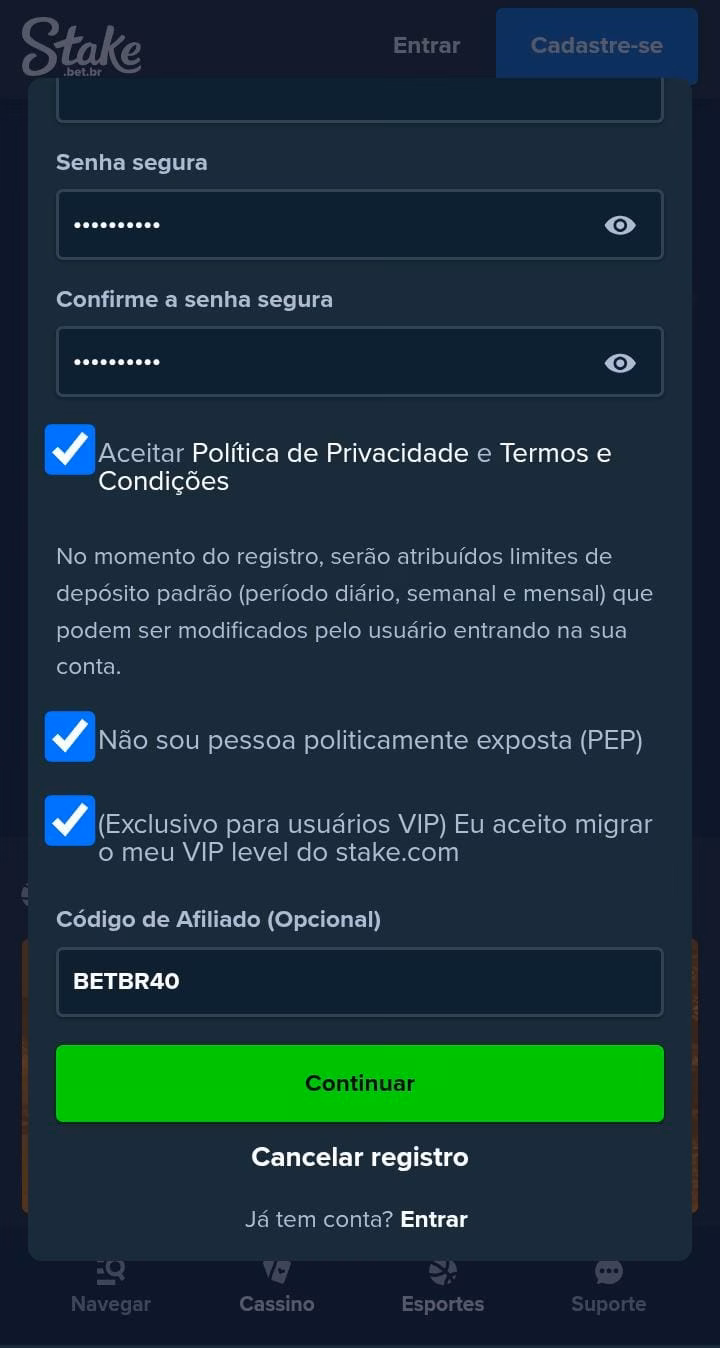 Formulário de registro da Stake, com campos de senha e código de afiliado preenchido com BETBR40