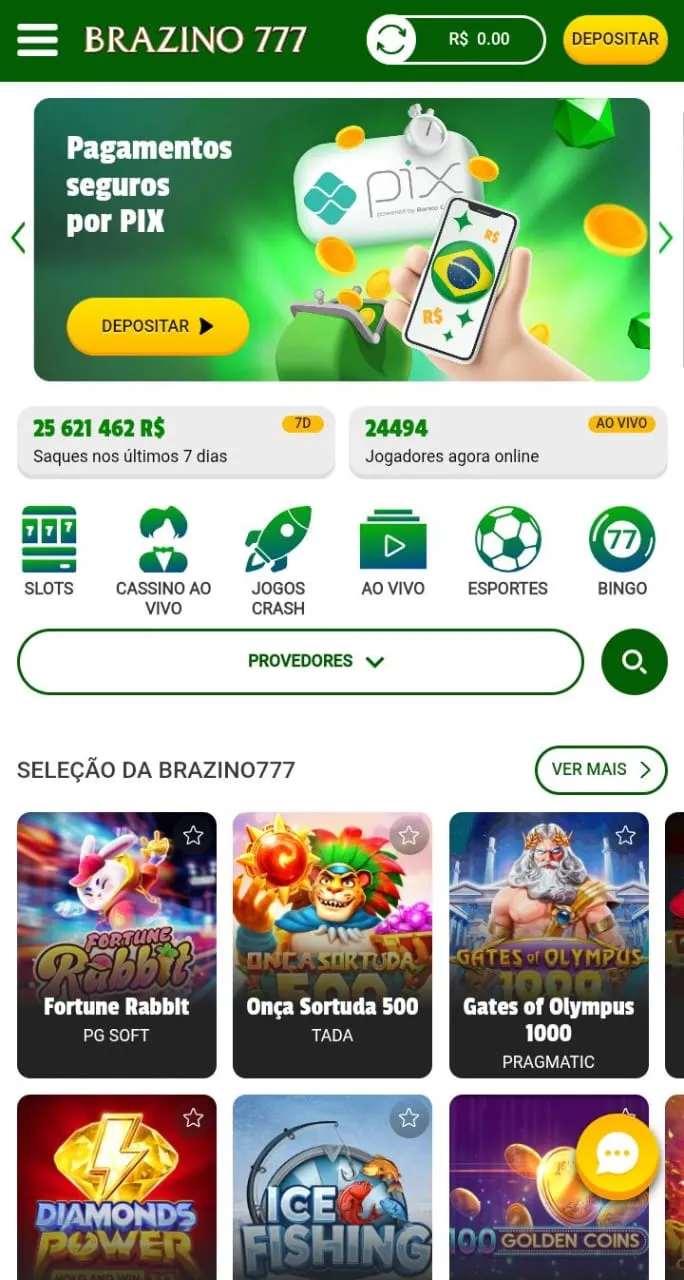 Banner dos pagamentos com Pix na Brazino777 e seleções de jogos do cassino online