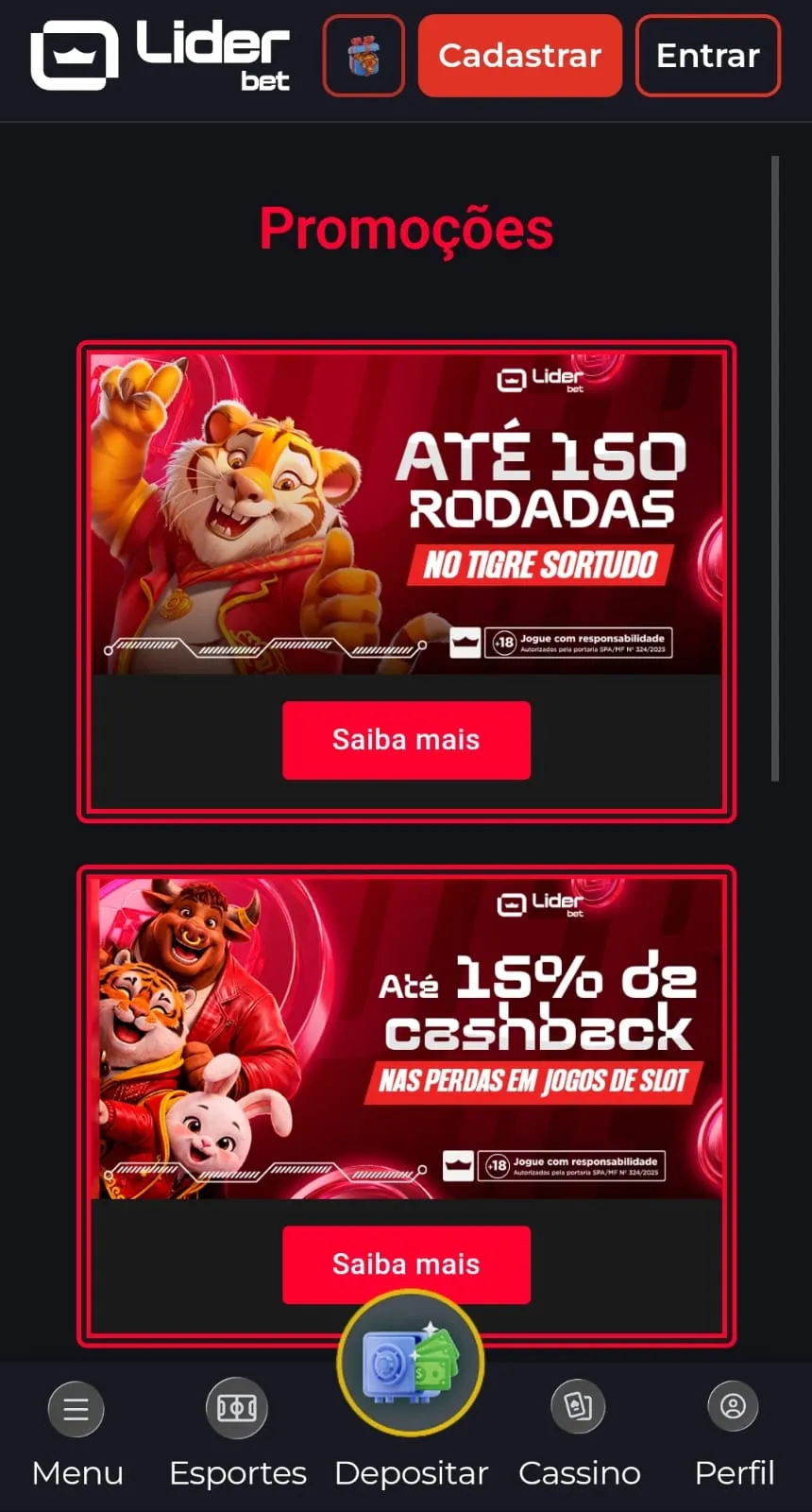 Página de promoções da Liderbet com banner de ofertas para cassino.