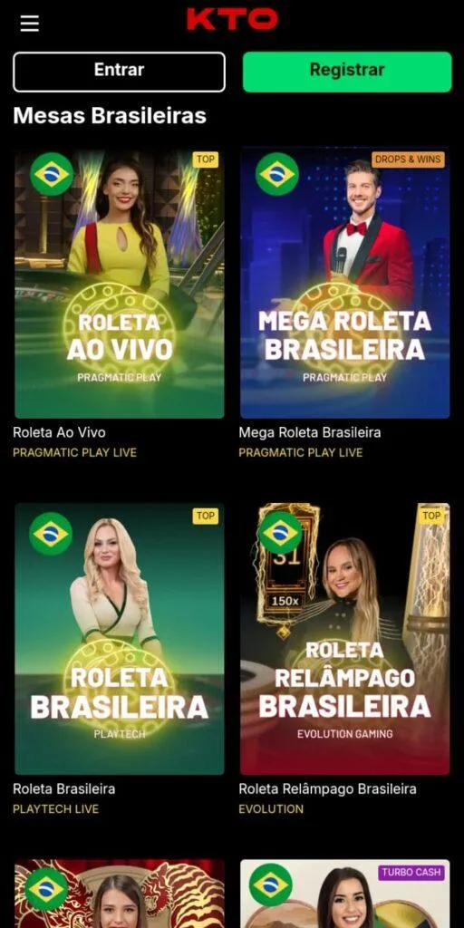 Variedade de roletas Brasileiras na KTO, com Mega Roleta, roleta relâmpago e mais.