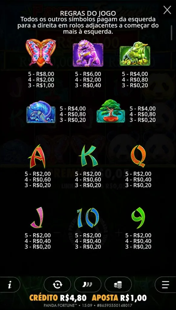 Tabela de pagamento de Panda's Fortune, com símbolos de temas na natureza e cartas do baralho