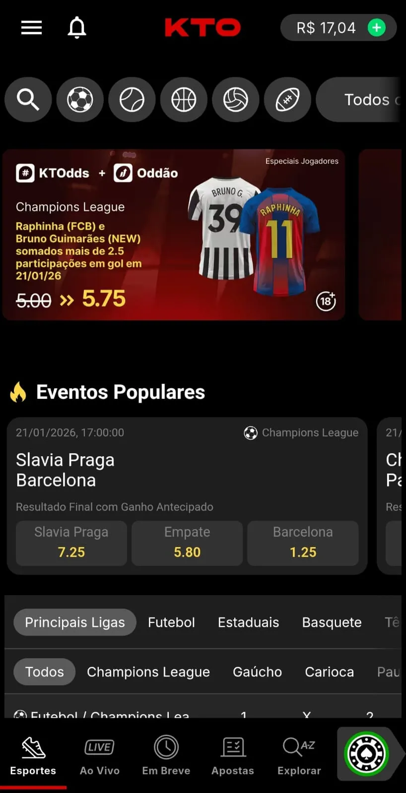 Eventos esportivos mais populares do dia na KTO e oferta de super odds na Champions.