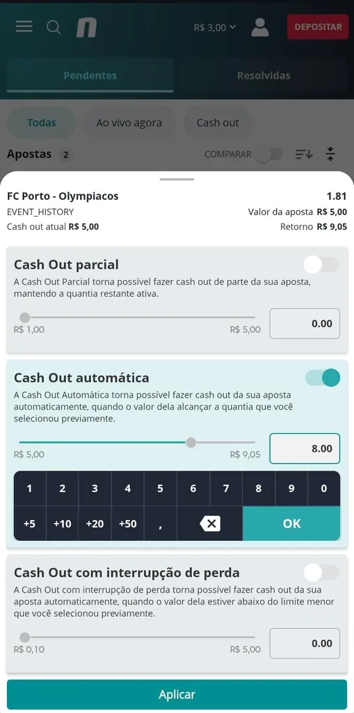 Captura de tela da Novibet com cash out automático