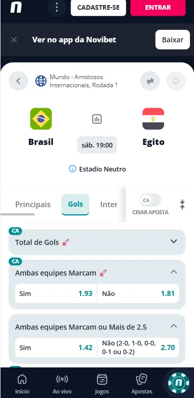 Mercado de Ambos Marcam na Novibet para a partida Brasil x Egito