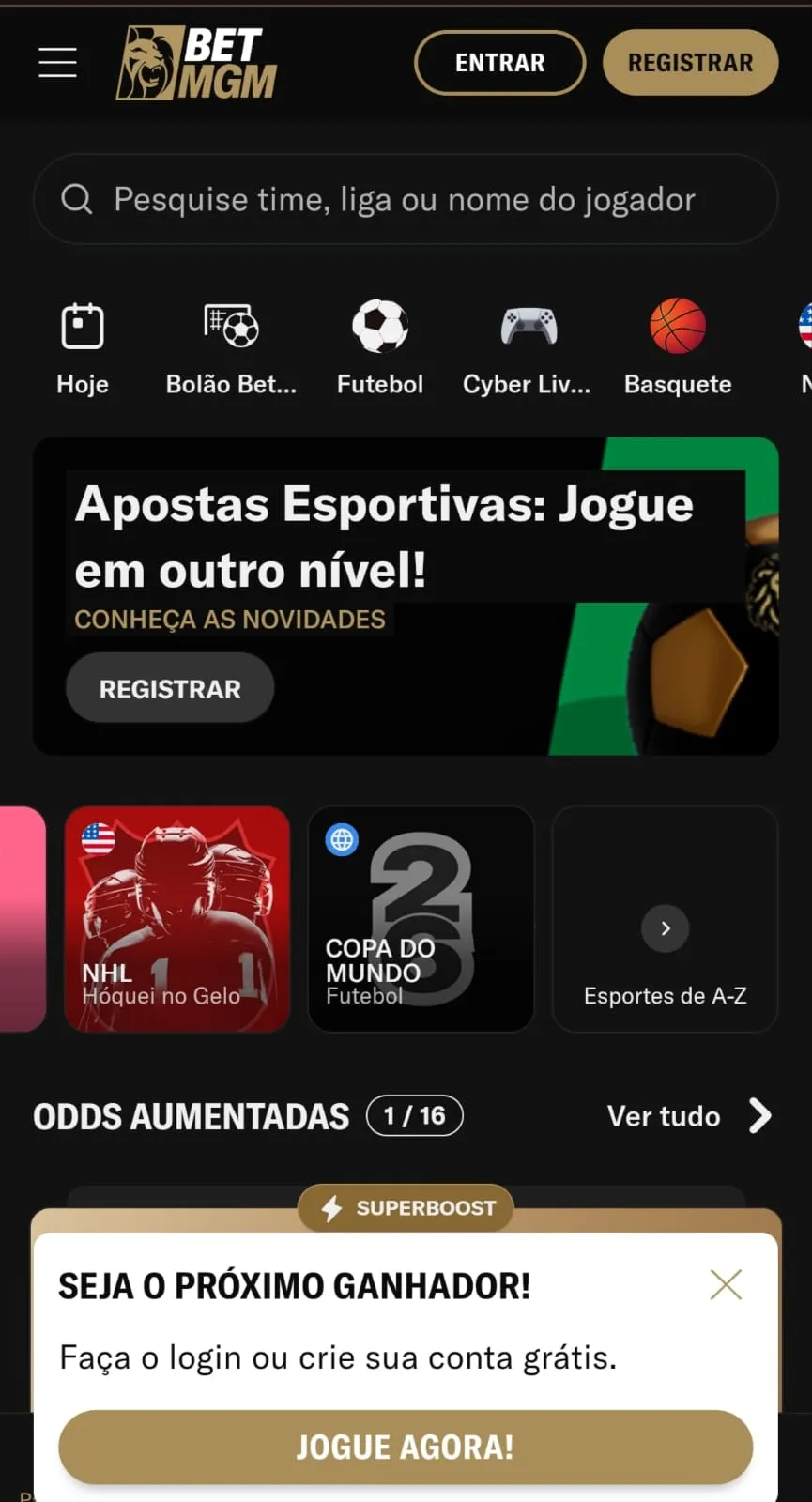 Página inicial das apostas esportivas da BetMGM, com destaque para o banner da Copa do Mundo e odds aumentadas
Data: 28/05/2026