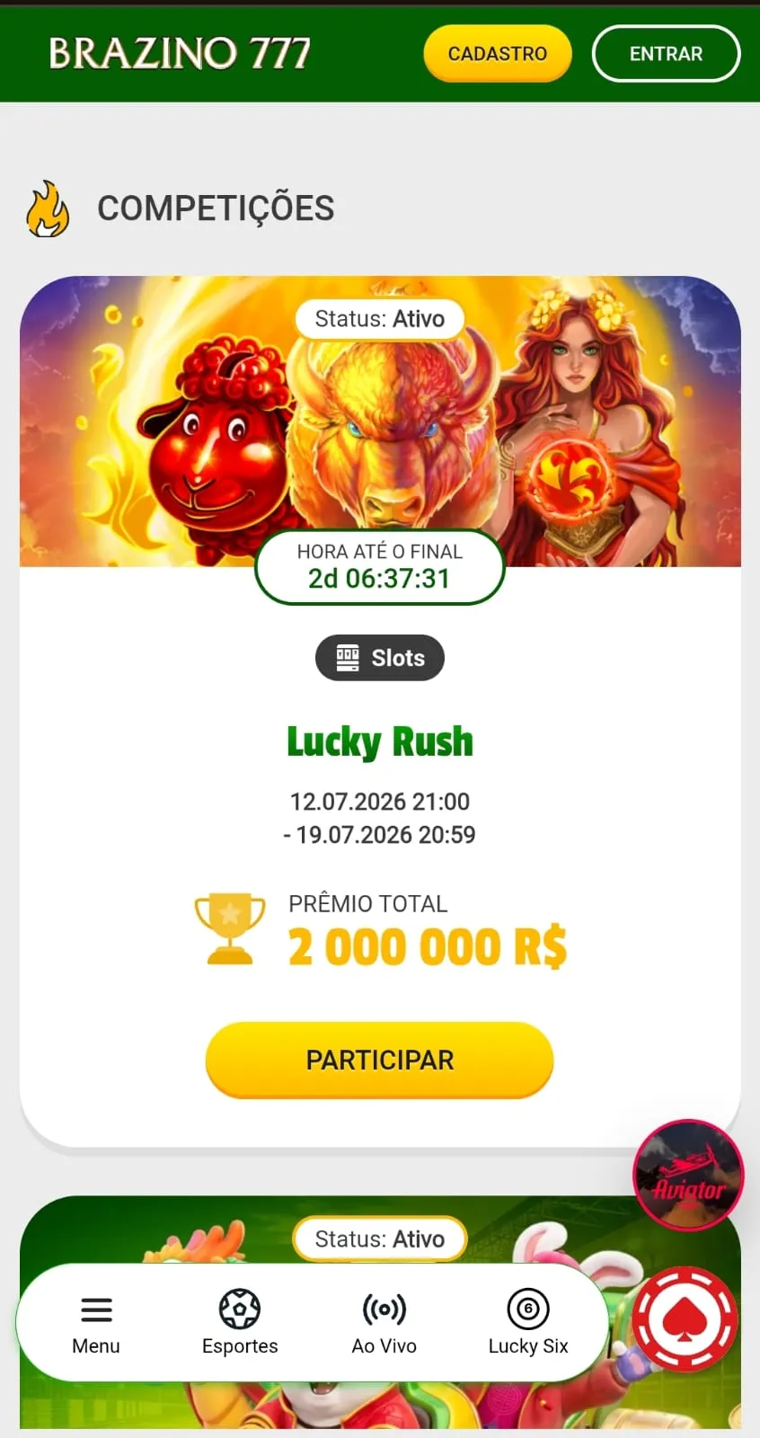 Torneio Lucky Rush do Cassino Brazino777, com destaque para o banner promocional e o prêmio de 2 milhões.