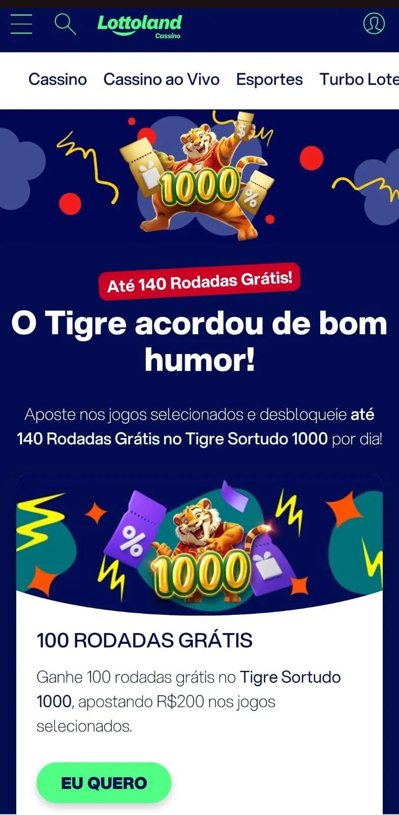 Print da página promocional da oferta de 140 rodadas no Tigre Sortudo na Lottoland