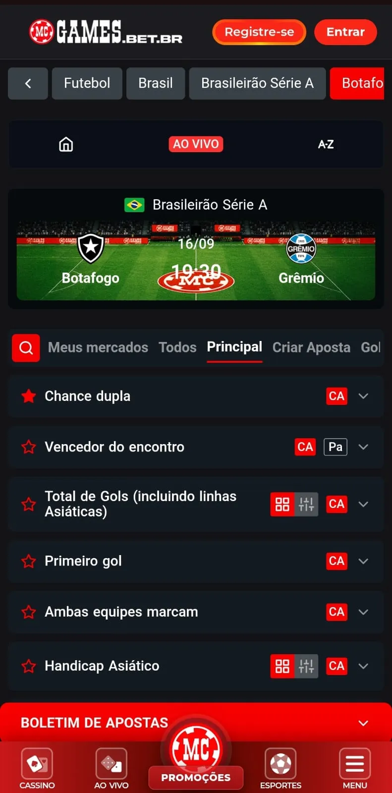 Mercado de chance dupla em uma partida entre Botafogo x Grêmio na MC Games. 