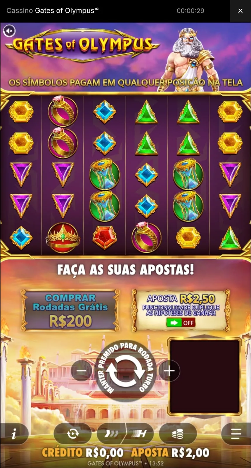 Captura de tela do menu inicial do Gates of Olympus, com destaque para a funcionalidade de Comprar Rodadas Grátis
