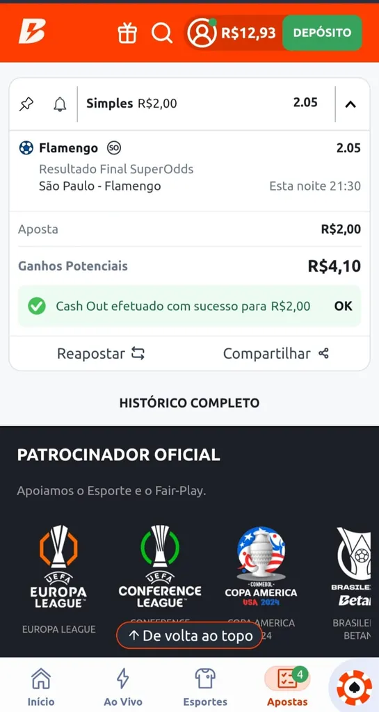 Cupom de aposta com cash out Betano confirmado em R$2,00