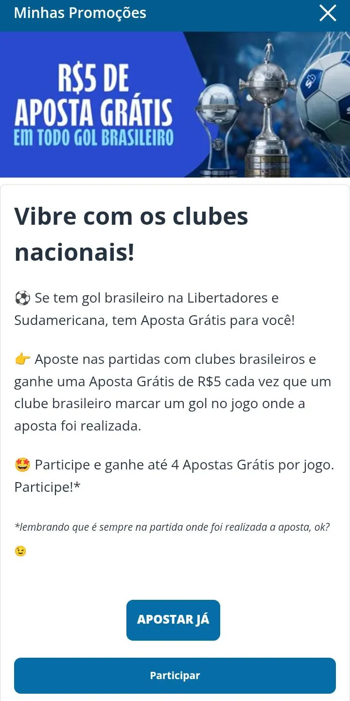 Oferta de R$ 5 de aposta grátis em todo gol brasileiro na Sportingbet, com taça da Libertadores no banner