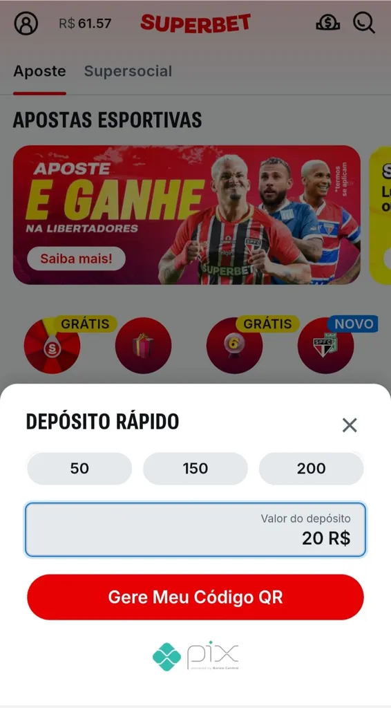 Campo de valor de depósito de R$20 reais na Superbet e botão para gerar código Pix.