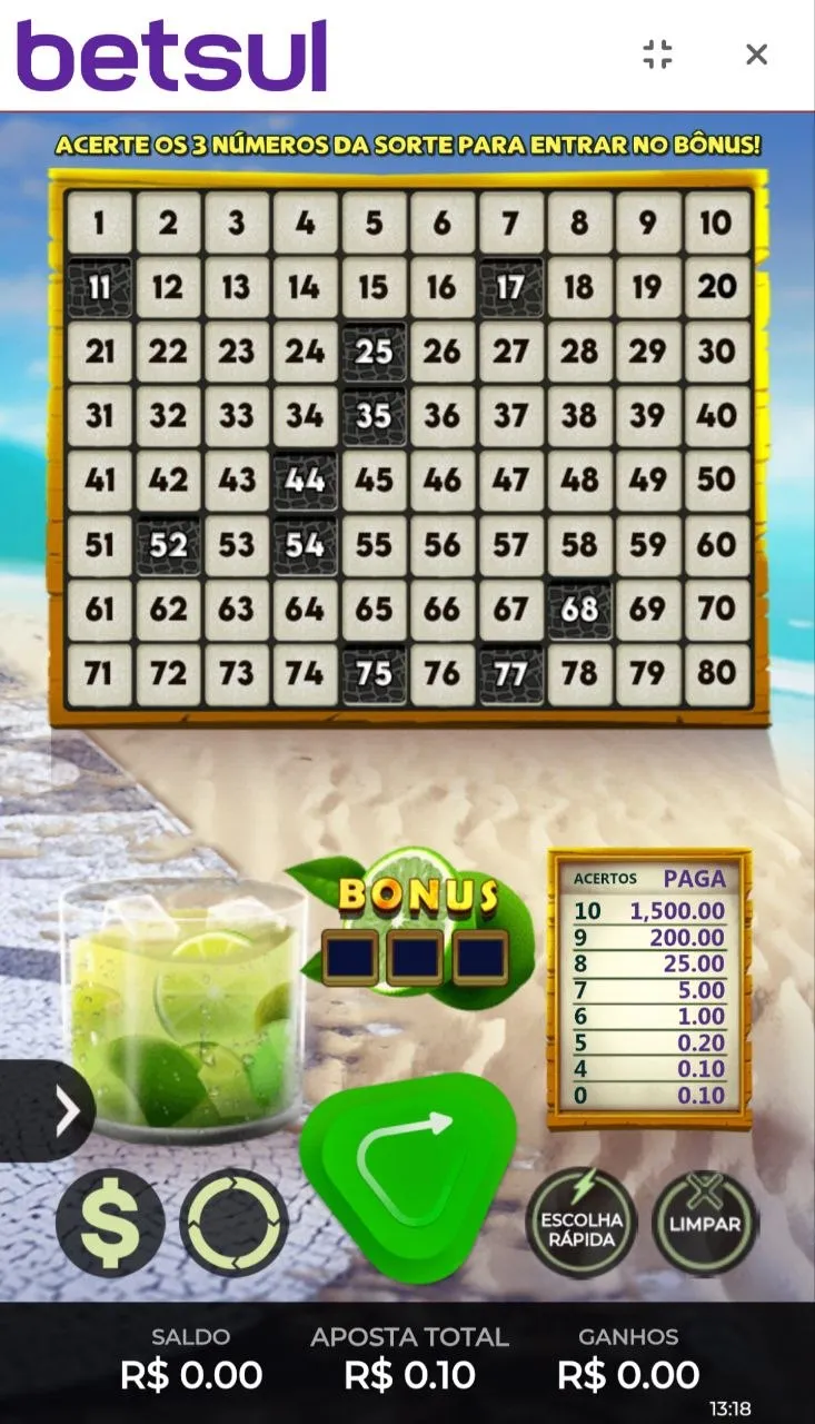 Jogo Caipirinha Keno na Betsul com aposta a partir de R$0,10
