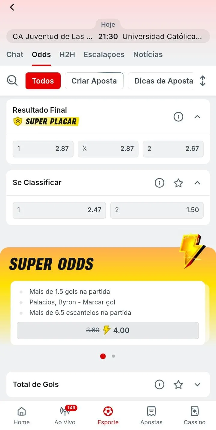 Mercados de apostas para o jogo Juventude De Las Piedras e Universidad Catolica na Superbet, com Super Placar e Super Odds
