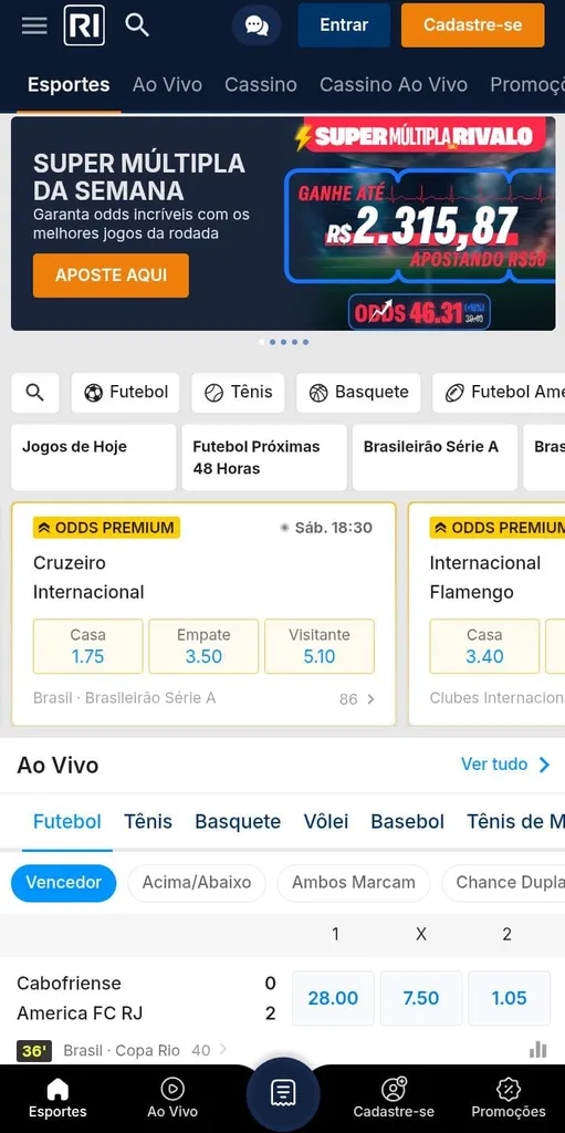 Página de esportes da Rivalo com odds premium em destaque e jogos ao vivo.