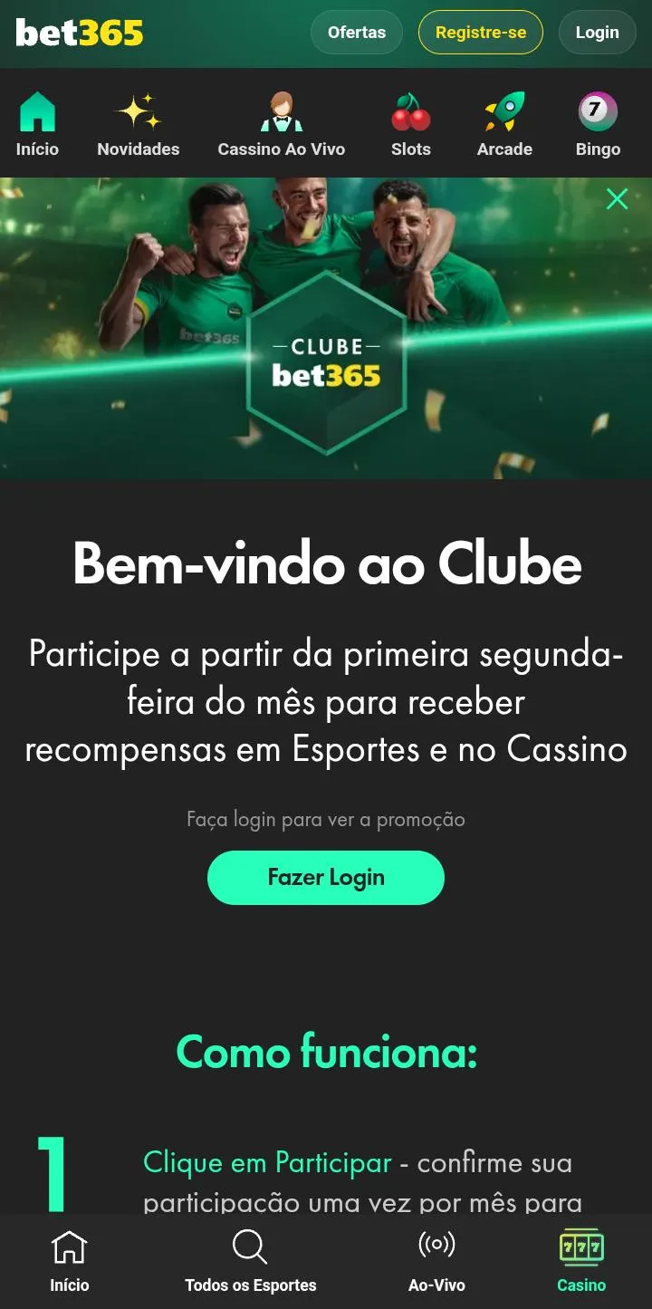 Clube Bet365, com texto explicativo e jogadores com camiseta verde abraçados e vibrando