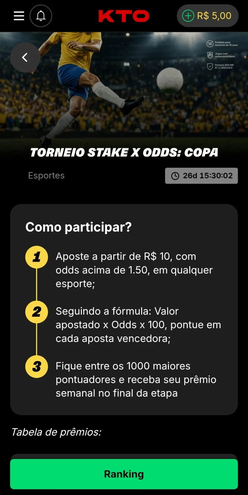 Torneio Stake x Odds: Copa da KTO com destaque para o banner promocional e as regras explicando como participar.