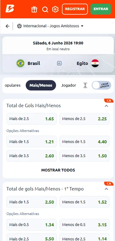 Mercado de Total de Gols Mais/Menos na Betano para Brasil x Egito
