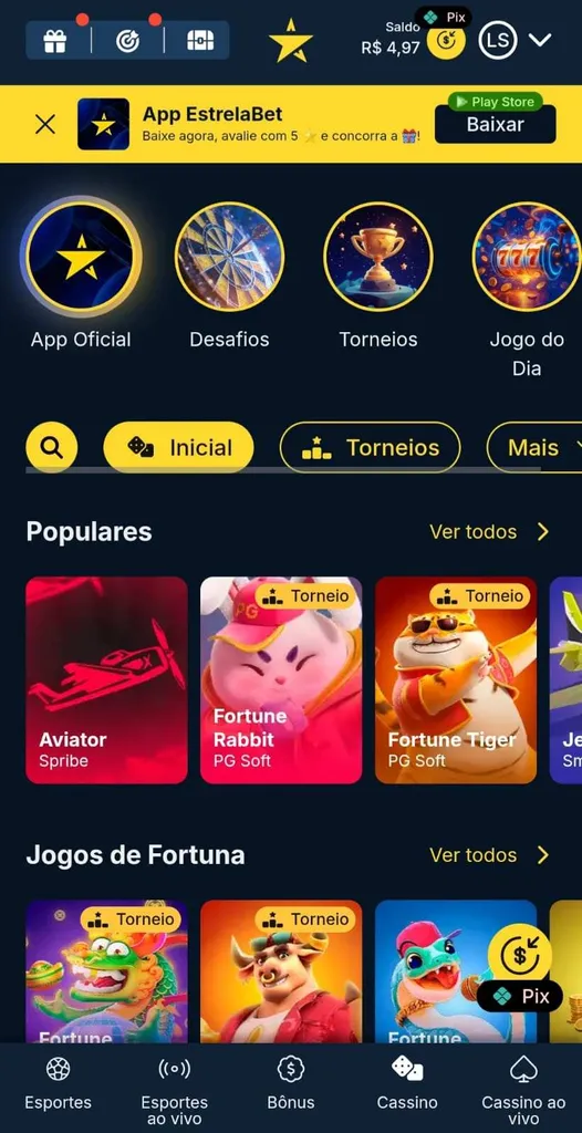 Jogos populares, como Aviator e Fortune Rabbit, e Jogos da Fortuna, como Fortune Dragon e Fortune Ox, no cassino Estrelabet