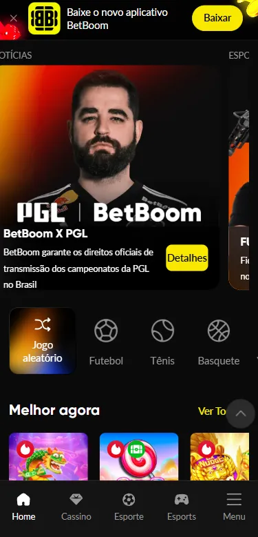 Página da BetBoom com destaque para parceria com a PGL e navegação por futebol, tênis e basquete.