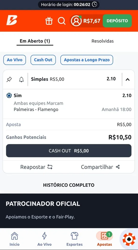 Aposta em ambas equipes marcam no jogo Palmeiras x Flamengo com odd 2.10 e cash out de R$ 5.