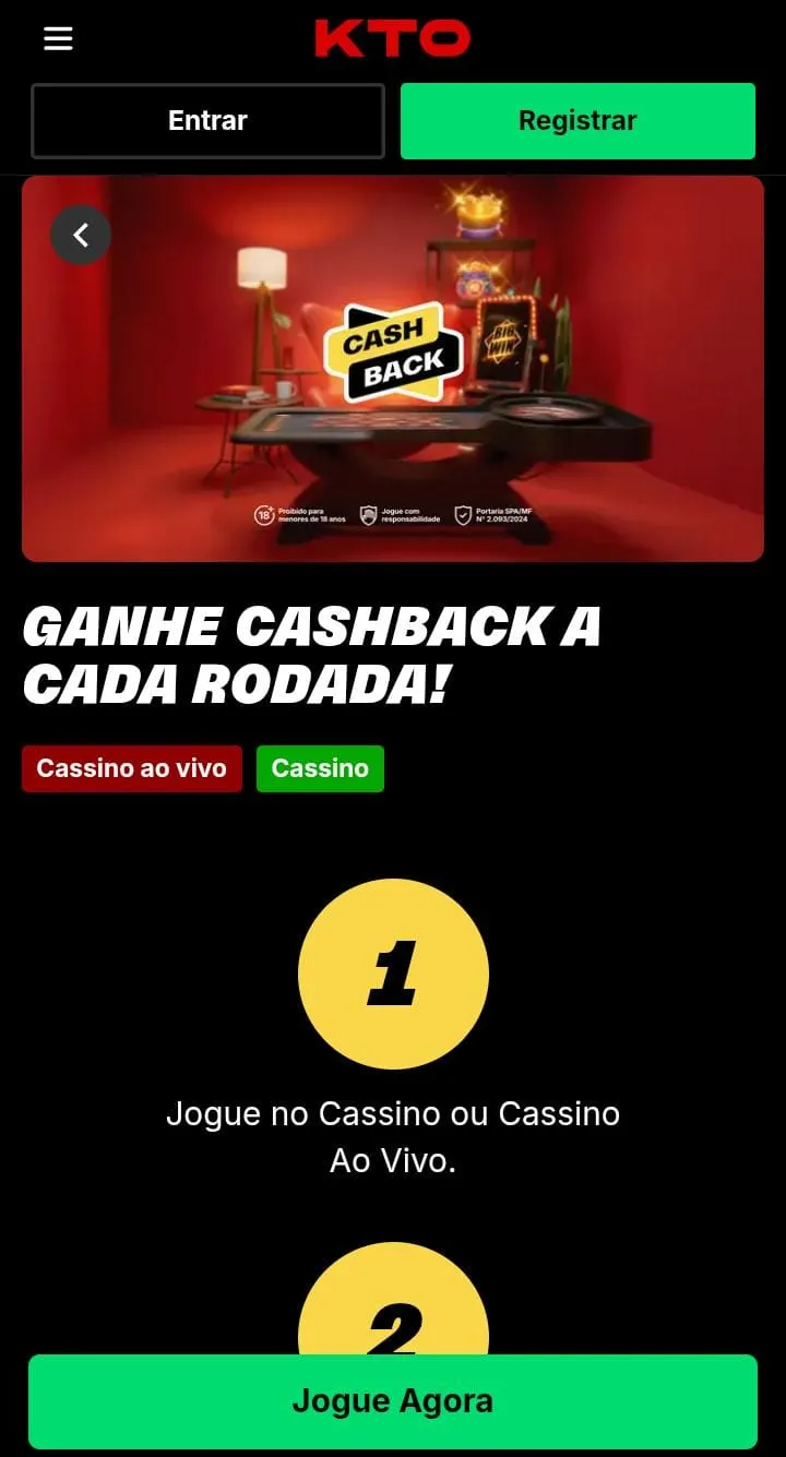 Ganhe cashback a cada rodada da KTO, com bot&atilde;o de Jogue Agora
