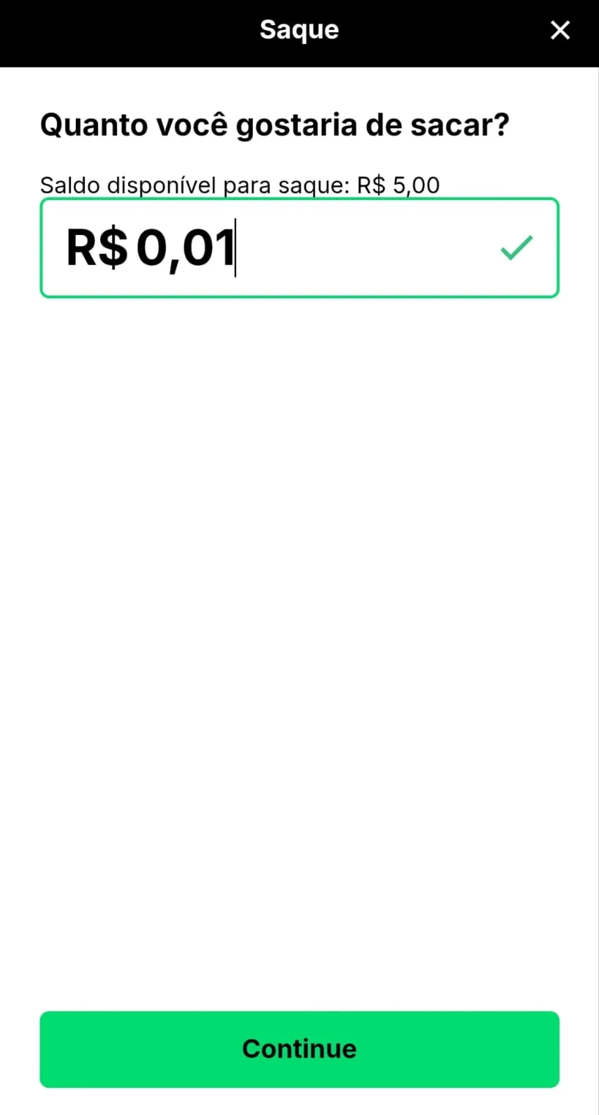 Painel de saque da KTO, com destaque para o valor mínimo a partir de R$ 0,01.