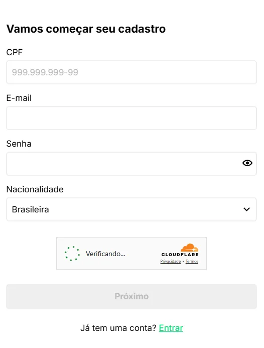 Formulário de cadastro do bingo kto com campos para preencher CPF, email, senha e nacionalidade.