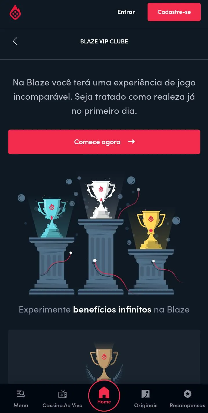 Clube VIP da Blaze com uum troféu de 3 tipos e botão Comece Agora