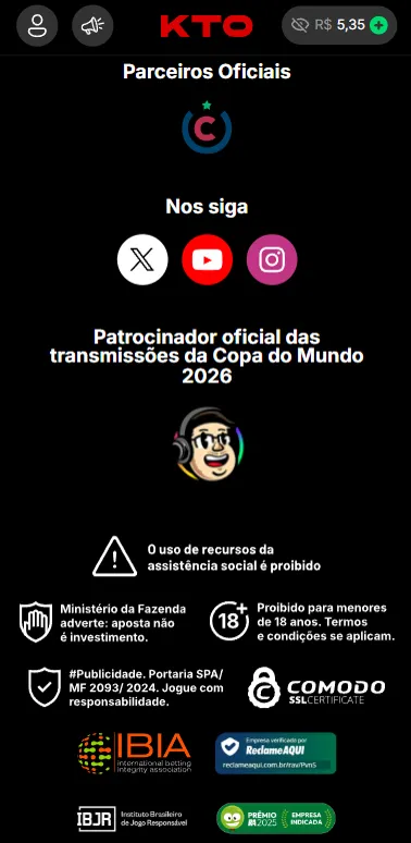 Rodapé da KTO com parceiros oficiais como União Corinthians e CazéTv